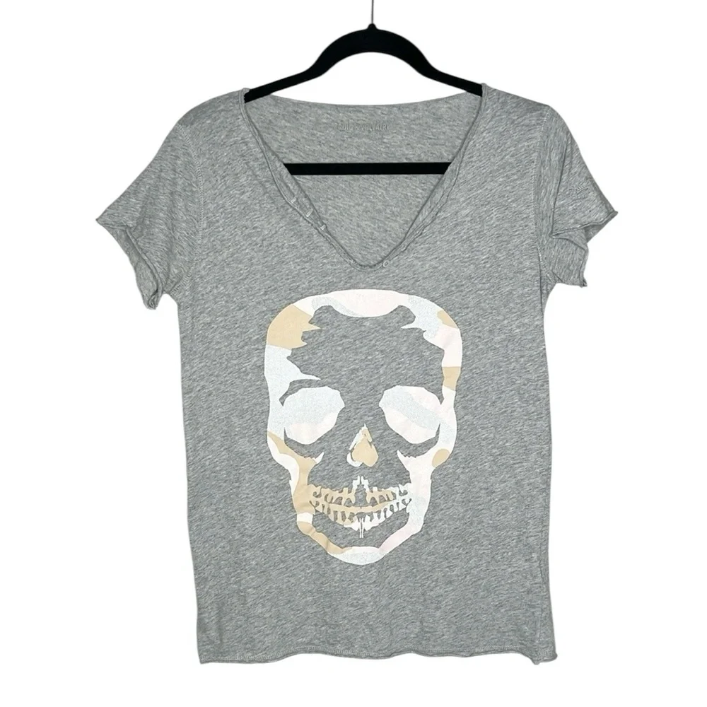 Zadig & Voltaire Tunisien Camo Skull Graphic Henley T-Shirt size Small - Picture 1 of 14